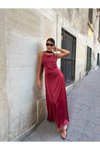 Bordo Uzun Saten Sırt Dekolteli İnce Askılı Şal Detaylı Esnek Kumaş Abiye Elbise