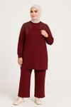 Bordo Zarif Taş Detaylı Tunik Pantolon İkili Tesettür Takım