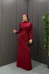 Bordo Zeyna Kol Tüylü Tesettür Abiye Elbise