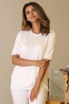 Ekru Kısa Kollu Kolları Fırfırlı Triko Bluz