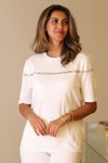 Ekru Kısa Kollu Sıfır Yaka Triko Bluz