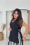 Ekru Siyah Viskon Saten Çizgili Beli Lastikli Pantolon