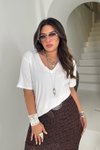 Ekru V Yaka Örme Kumaş Likralı Tshirt