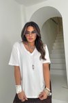 Ekru V Yaka Örme Kumaş Likralı Tshirt