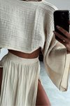 Ekru %100 Pamuk Müslin Yazlık Plaj – Crop Üst Ve Yüksek Yırtmaçlı Etek İkili Set Takım