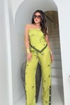 Fıstık Yeşili Arkası Bağlamalı Şal Model Bluz Pantolon İkili Takım