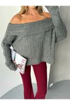 Gri Kalın Madonna Yaka Triko Kazak