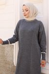 Gri Manşeti Taş Detaylı Triko Tesettür Elbise