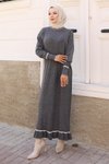Gri Manşeti Taş Detaylı Triko Tesettür Elbise