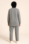 Gri Şık Zarif Kuş Taş Detaylı Ve Bisiklet Yaka Tunik Pantolon İkili Tesettür Takım