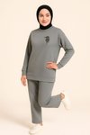Gri Şık Zarif Kuş Taş Detaylı Ve Bisiklet Yaka Tunik Pantolon İkili Tesettür Takım