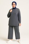 Gri Zarif Taş Detaylı Tunik Pantolon İkili Tesettür Takım