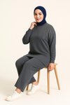 Gri Zarif Taş Detaylı Tunik Pantolon İkili Tesettür Takım