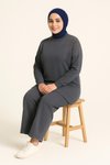 Gri Zarif Taş Detaylı Tunik Pantolon İkili Tesettür Takım