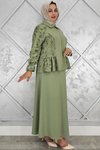 Haki Büzgü Detaylı İkili Tesettür Takım