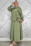 Haki Büzgü Detaylı İkili Tesettür Takım