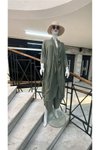 Haki Italyan İpek Detaylı Oversize Sonsuzluk Kaftan Bluz Asimetrik Pantolon İkili Takım