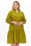 Haki Midi Büyük Beden V Yaka Düğmeli Elbise