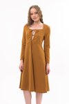 Hardal Midi Göğsü Bağlama Detaylı Uzun Kol Mevsimlik Elbise