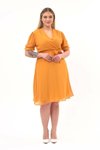 Hardal Midi Kruvaze Yaka Kuşaklı Büyük Beden Şifon Elbise