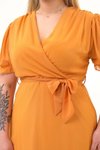 Hardal Midi Kruvaze Yaka Kuşaklı Büyük Beden Şifon Elbise