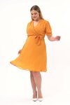 Hardal Midi Kruvaze Yaka Kuşaklı Büyük Beden Şifon Elbise