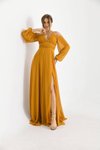 Hardal Sarı Uzun Korsajlı Yırtmaç Detaylı Şifon Abiye Elbise