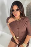 Kahve Asimetrik Omuz Detay Aksesuarlı Bluz