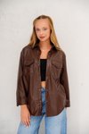 Kahve Çift Cepli Oversize Suni Deri Gömlek
