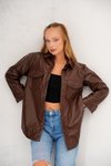 Kahve Çift Cepli Oversize Suni Deri Gömlek