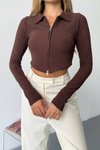 Kahve Ottoman Kumaş Çift Fermuarlı Crop Sweatshirt