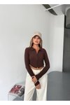 Kahve Ottoman Kumaş Çift Fermuarlı Crop Sweatshirt