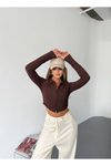 Kahve Ottoman Kumaş Çift Fermuarlı Crop Sweatshirt