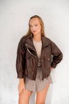 Kahve Oversize Cepli Acı Suni Deri Fermuarlı Ceket