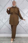 Kahverengi Beli Bağcıklı İkili Tesettür Takım