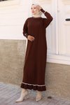 Kahverengi Manşeti Taş Detaylı Triko Tesettür Elbise