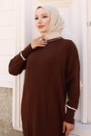 Kahverengi Manşeti Taş Detaylı Triko Tesettür Elbise