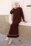 Kahverengi Manşeti Taş Detaylı Triko Tesettür Elbise