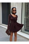 Kahverengi Mini Fırfır Detaylı İspanyol Kol Elbise