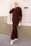 Kahverengi Taş Detaylı Triko İkili Tesettür Takım
