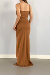 Kahverengi Uzun Askılı Kahve Scuba Kumaş Abiye Elbise