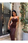 Kahverengi Uzun Gögüs Detaylı Straplez Abiye Elbise