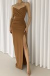 Kahverengi Uzun Kahve Scuba Kumaş Askı Taş Detay İnce Askılı Yırtmaçlı Abiye Elbise