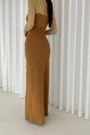 Kahverengi Uzun Kahve Scuba Kumaş Askı Taş Detay İnce Askılı Yırtmaçlı Abiye Elbise