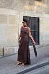 Brown Long Satin Backless Thin Strapped Shawl Detailed Stretch Fabric Evening Dress