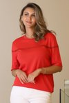 Kırmızı Kısa Kollu Sıfır Yaka Triko Bluz