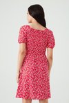 Kırmızı Mini Çiçek Desenli Kare Yaka Kısa Kollu Elbise