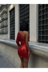 Kırmızı Mini Tek Omuzlu Göğüs Dekolteli Payetli Abiye Elbise