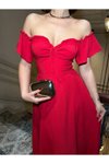 Kırmızı Uzun Off-shoulder Elbise