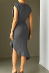 Koyu Gri Midi Scuba Kumaş Omuz Düşük Volanlı Elbise